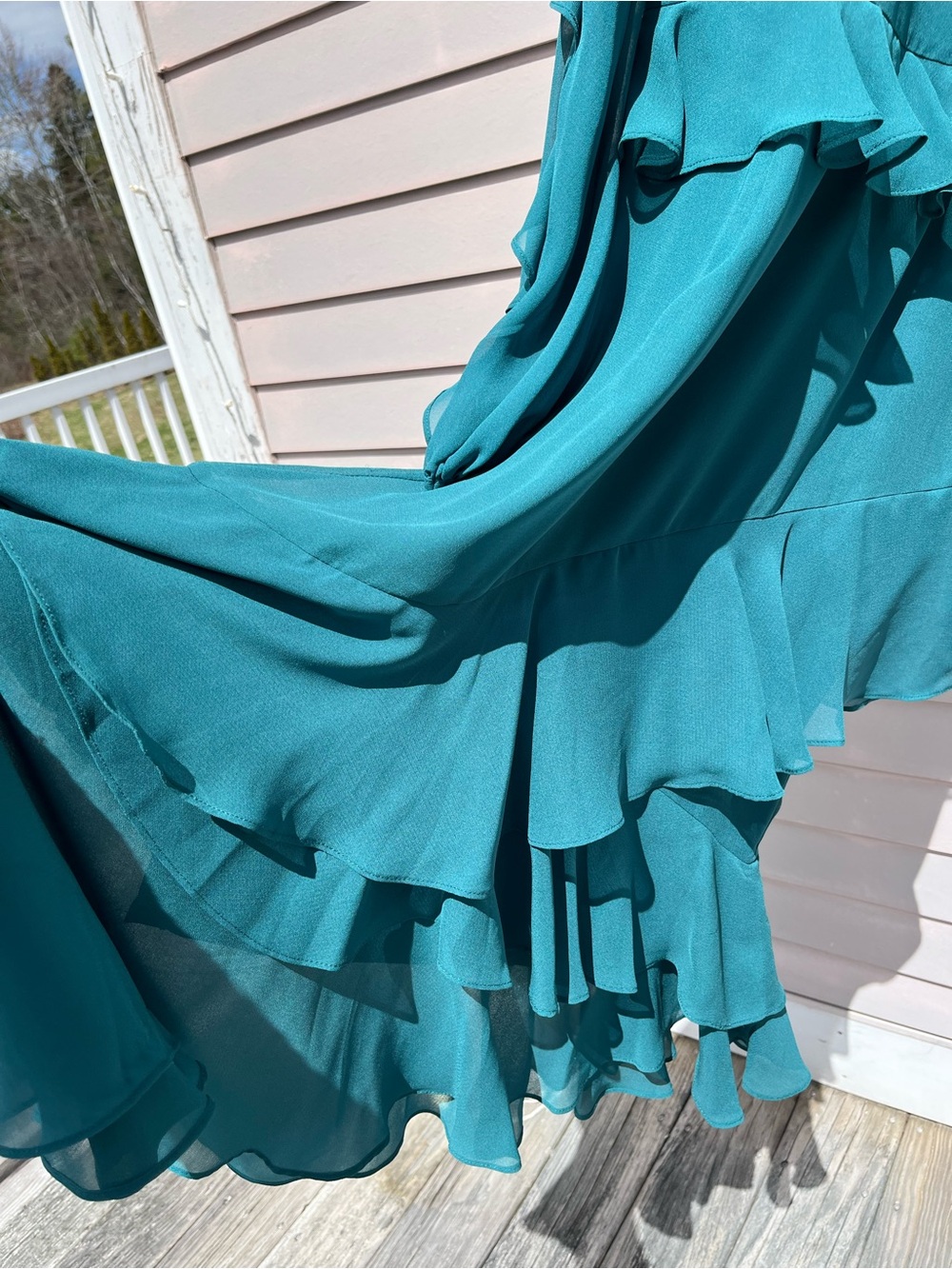 Asymmetrical Ruffle Teal Long-Sleeve Dress